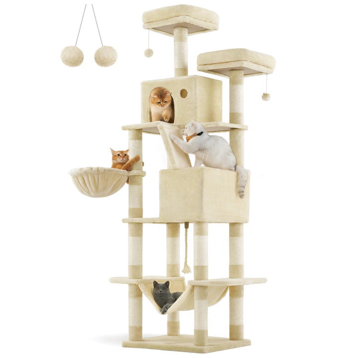 Torre para gatos de 206 cm – 6 gatos, 5 áreas de descanso e postes de arranhar integrados