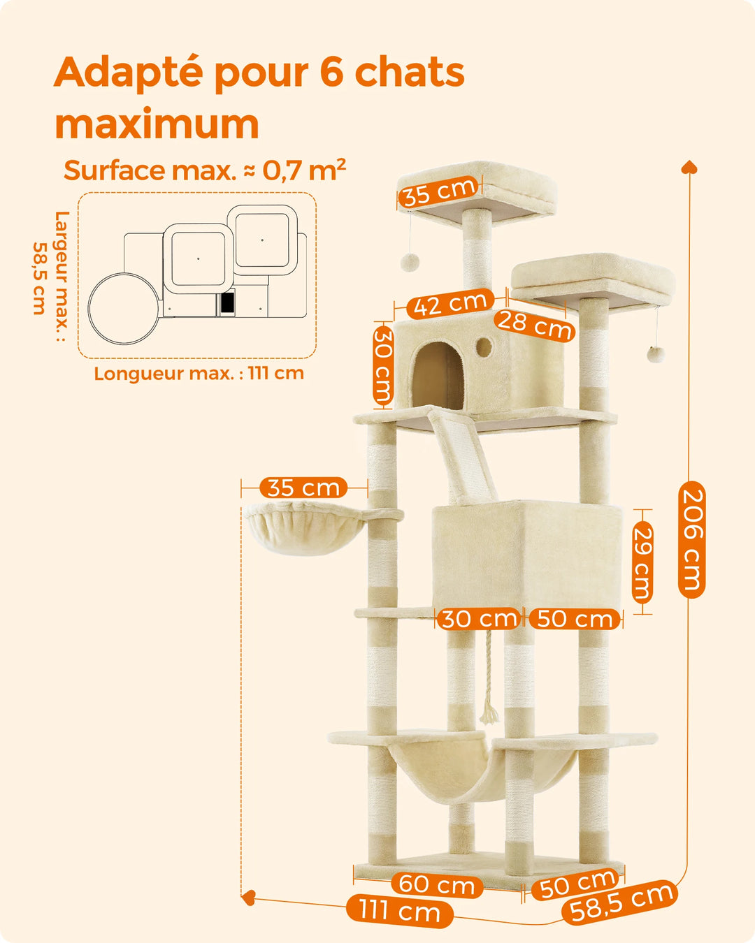 Torre para gatos de 206 cm – 6 gatos, 5 áreas de descanso e postes de arranhar integrados