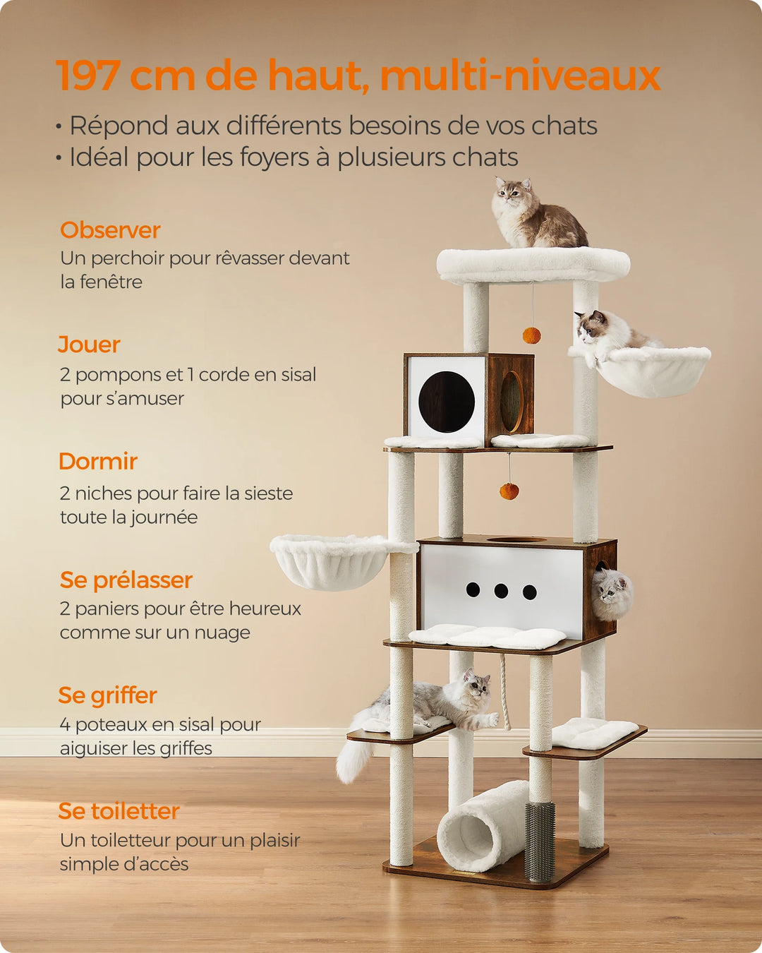 Árvore para gatos 197 cm – Um refúgio estável para vários gatos