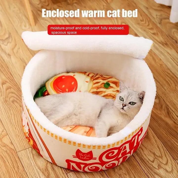Cama para gatos com macarrão ramen que aquece o coração e o corpo