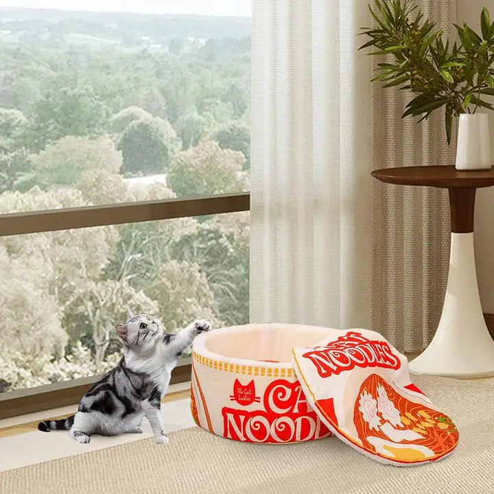 Cama para gatos com macarrão ramen que aquece o coração e o corpo