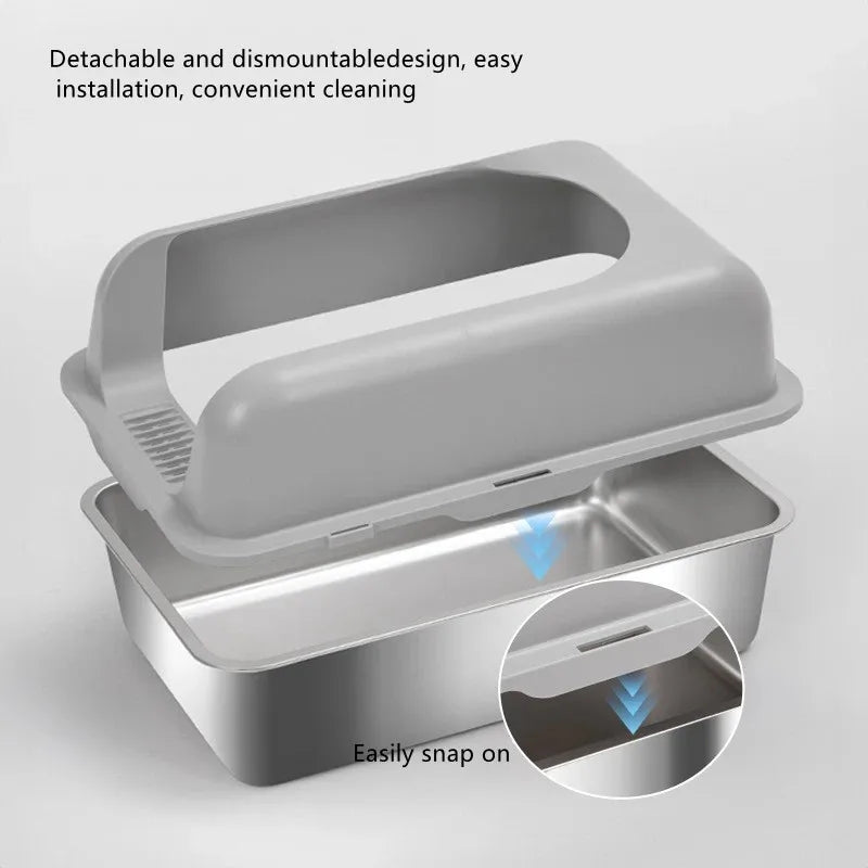 Caixa de areia para gatos de aço inoxidável premium com design anti-odor