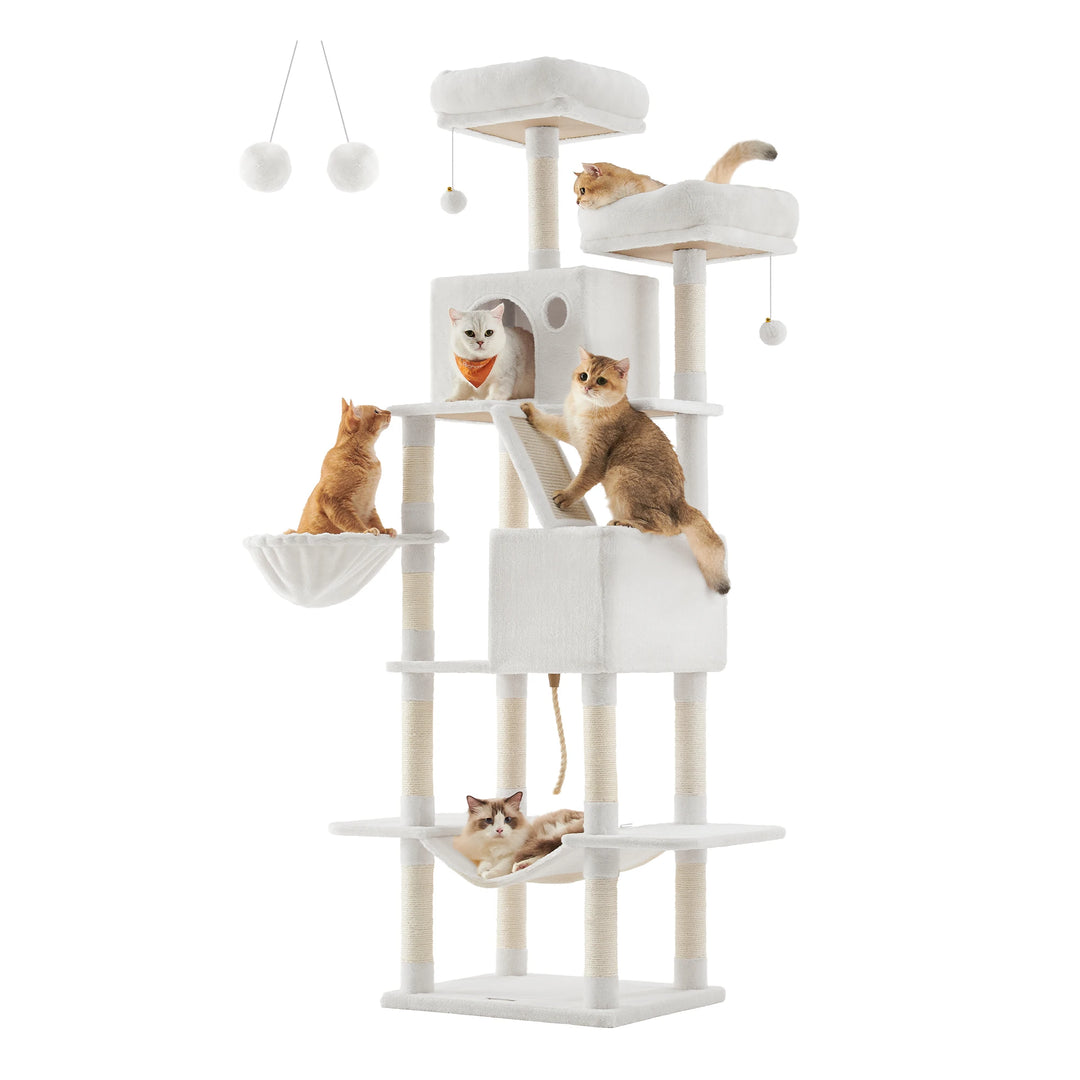 Torre para gatos de 206 cm – 6 gatos, 5 áreas de descanso e postes de arranhar integrados