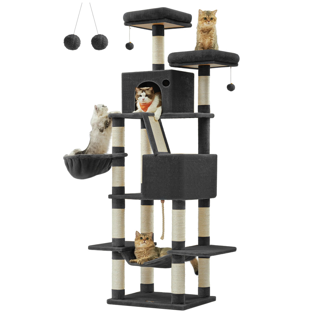 Torre para gatos de 206 cm – 6 gatos, 5 áreas de descanso e postes de arranhar integrados