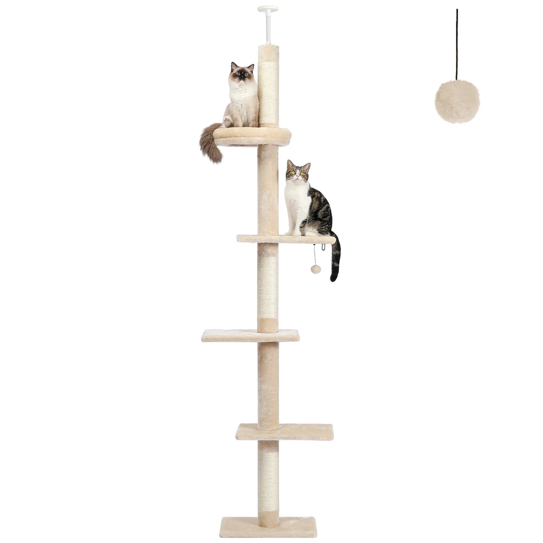 Árvore para gatos ajustável – 5 níveis de altura, postes para arranhar e suporte de parede
