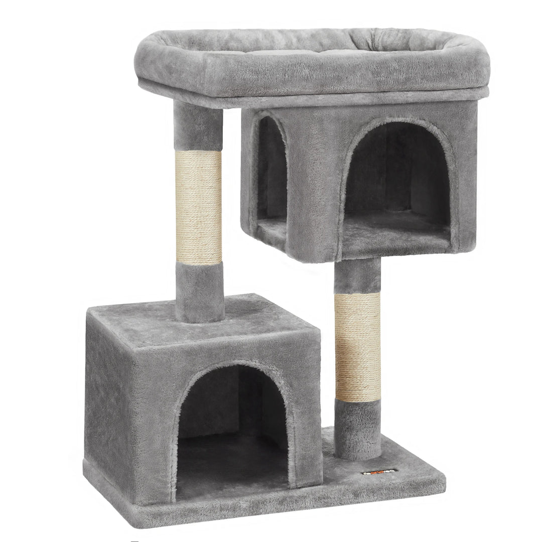 Pequena árvore para gatos 84 cm – 2 nichos fechados e poleiro macio