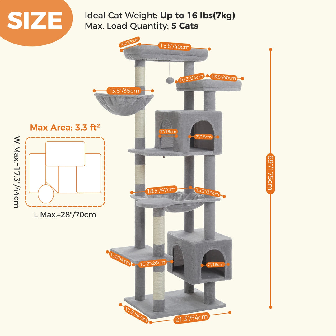 Árvore para gatos XXL 175 cm – 2 redes, condomínios e arranhadores para gatos grandes