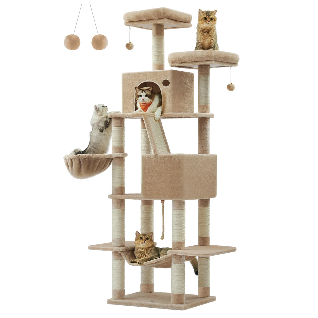 Torre para gatos de 206 cm – 6 gatos, 5 áreas de descanso e postes de arranhar integrados