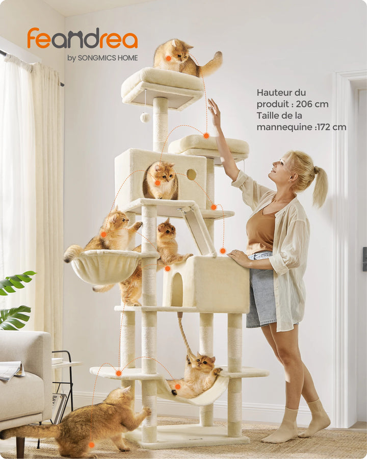 Torre para gatos de 206 cm – 6 gatos, 5 áreas de descanso e postes de arranhar integrados