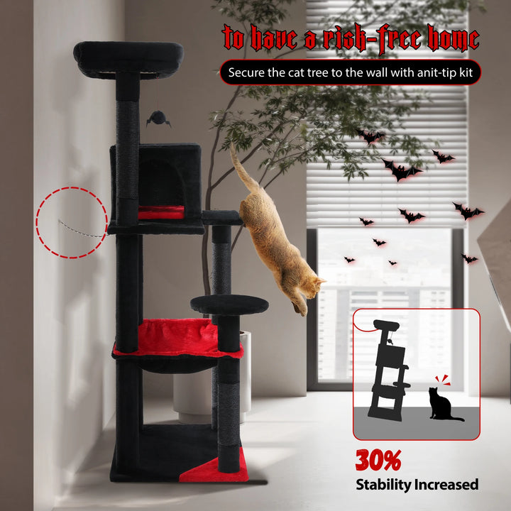 Árvore para gatos preta e vermelha – elegância escura para 2 a 3 felinos