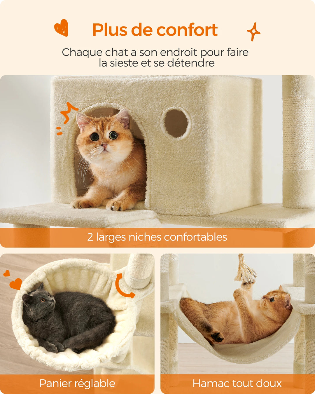Torre para gatos de 206 cm – 6 gatos, 5 áreas de descanso e postes de arranhar integrados