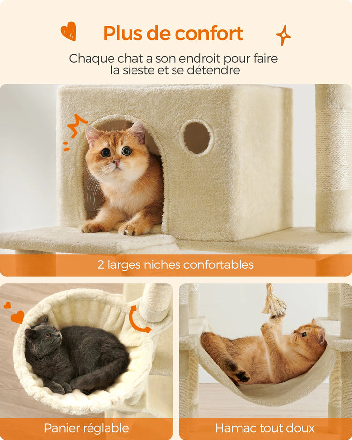 Torre para gatos de 206 cm – 6 gatos, 5 áreas de descanso e postes de arranhar integrados