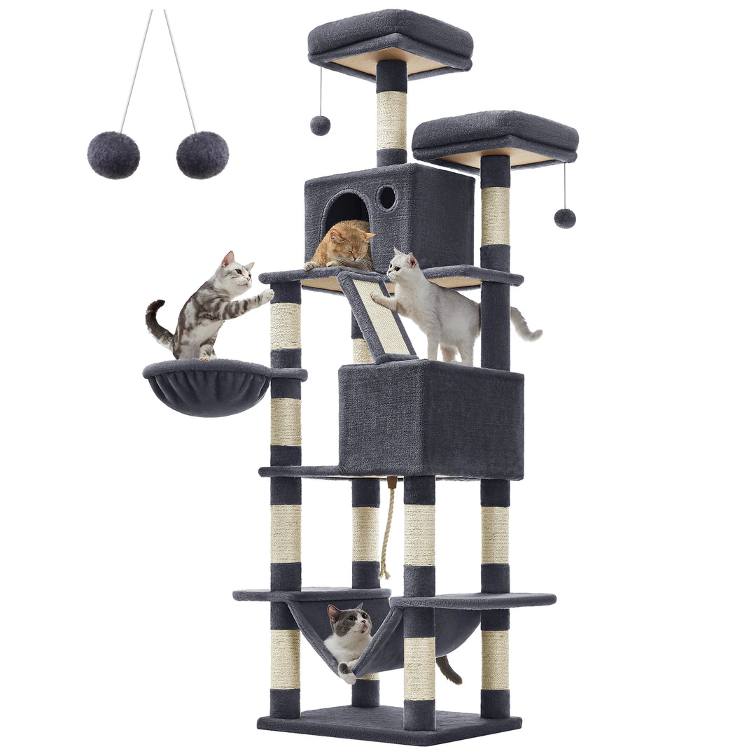 Torre para gatos de 206 cm – 6 gatos, 5 áreas de descanso e postes de arranhar integrados