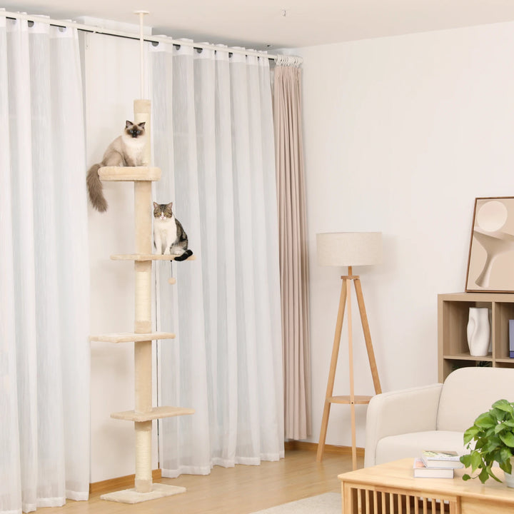 Árvore para gatos ajustável – 5 níveis de altura, postes para arranhar e suporte de parede