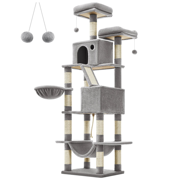 Torre para gatos de 206 cm – 6 gatos, 5 áreas de descanso e postes de arranhar integrados